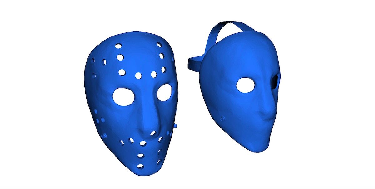 A blue 3D model of Jason Vorhee's hockey mask from the movie Friday the 13th