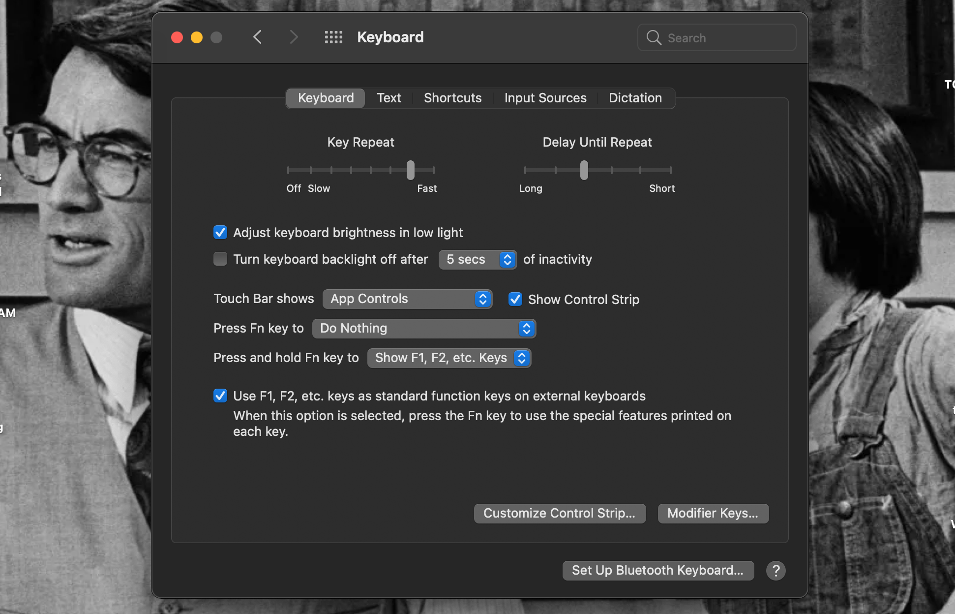 Keyboard System Preferences open on MacBook Pro in the Keyboard tab