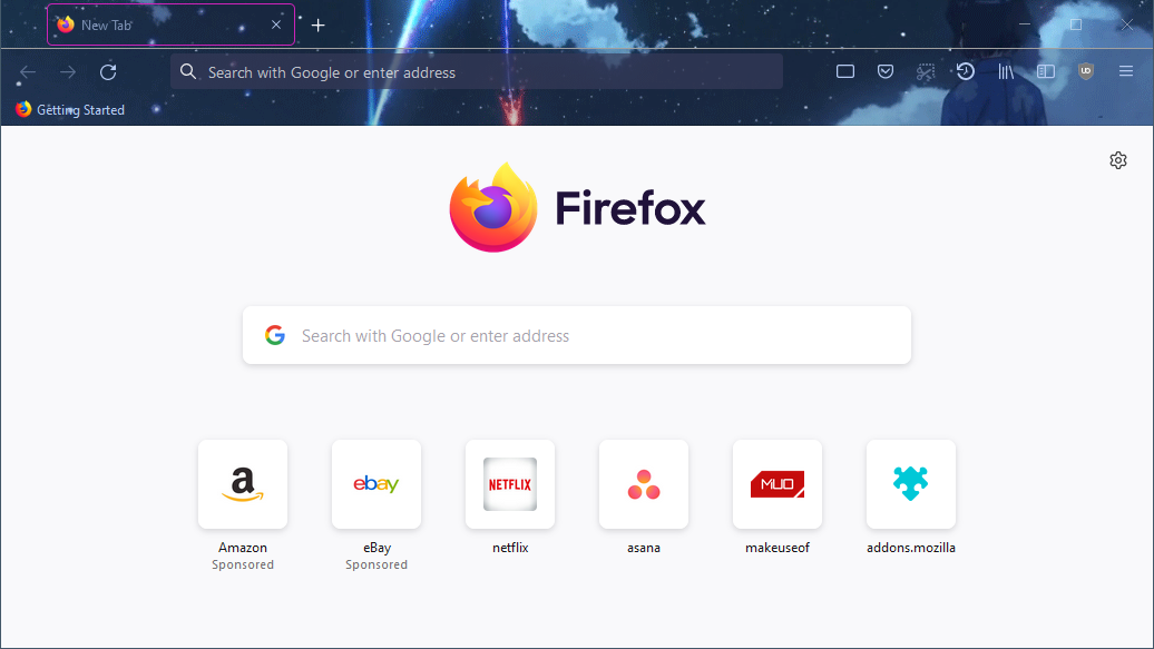 A screenshot of Mozilla Firefox with the Kimi no Na wa theme enabled