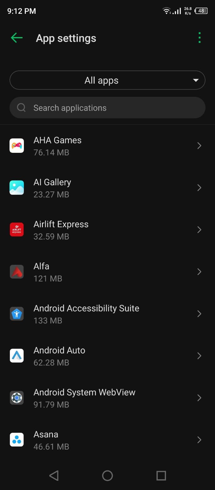List of Apps in the App Management Menu