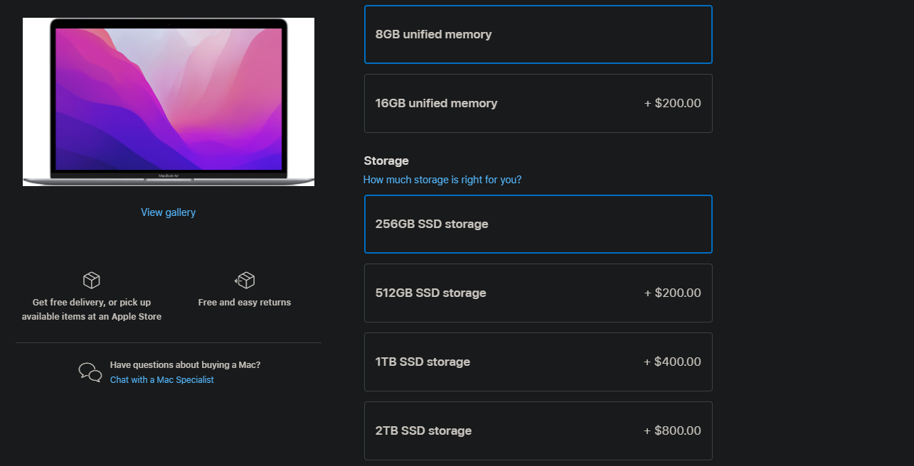 MacBook Air Storage Costs
