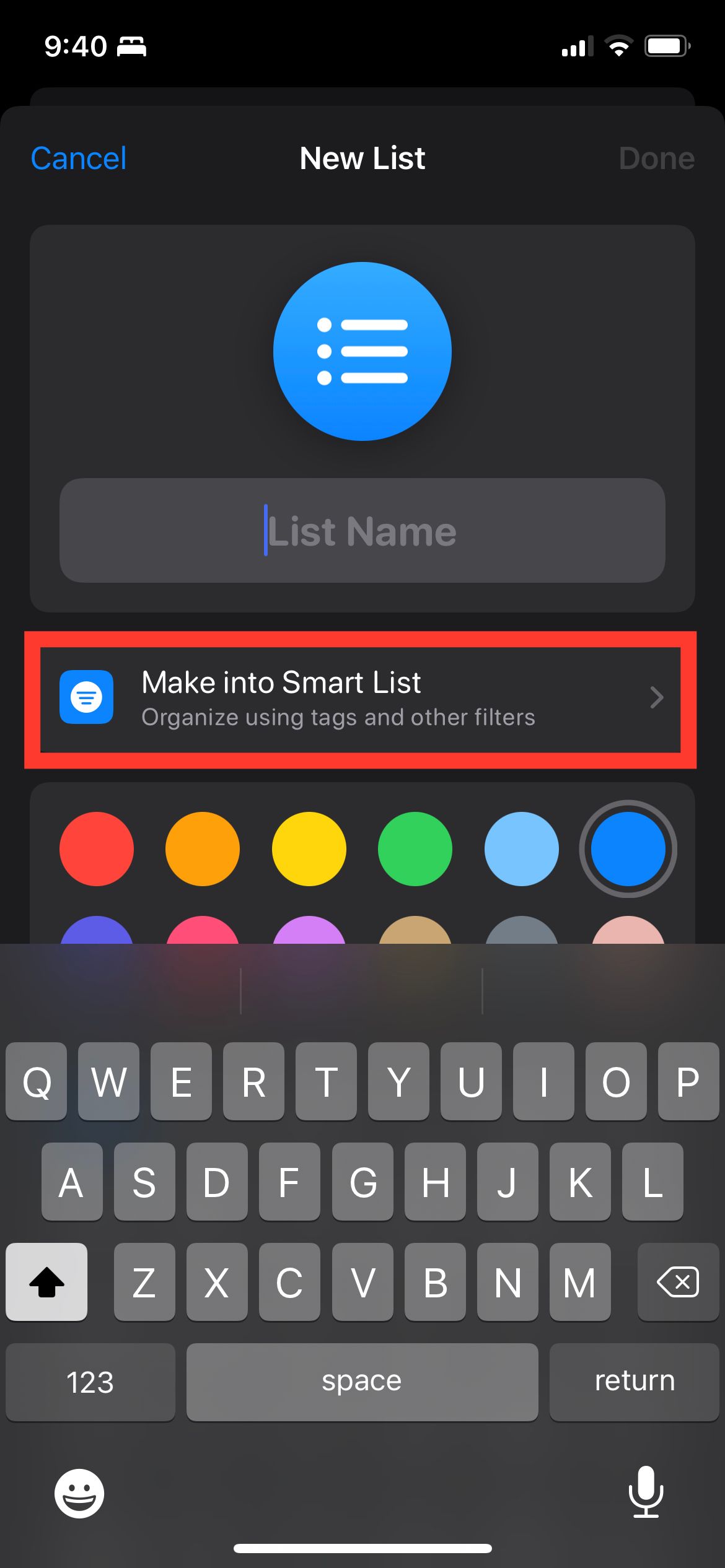 Make into Smart List Button on Reminders