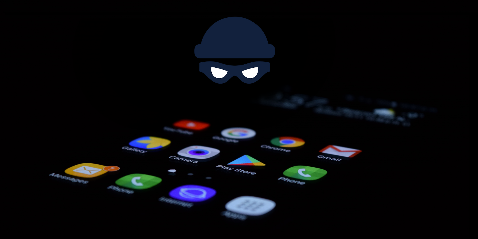 Apps on Android, with a hacker icon hovering above