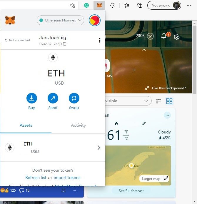 MetaMask accessed from the Edge extensions toolbar.