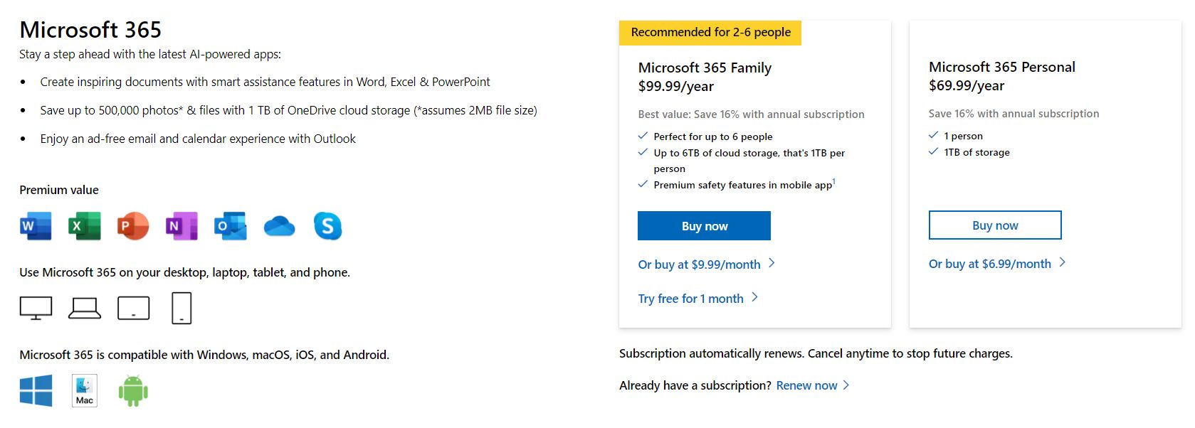 screenshot of Microsoft 365 benefits from the subscription page