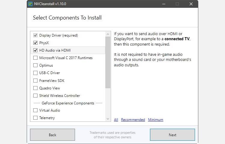 NVCleanstall offers suggested groups of components as presets