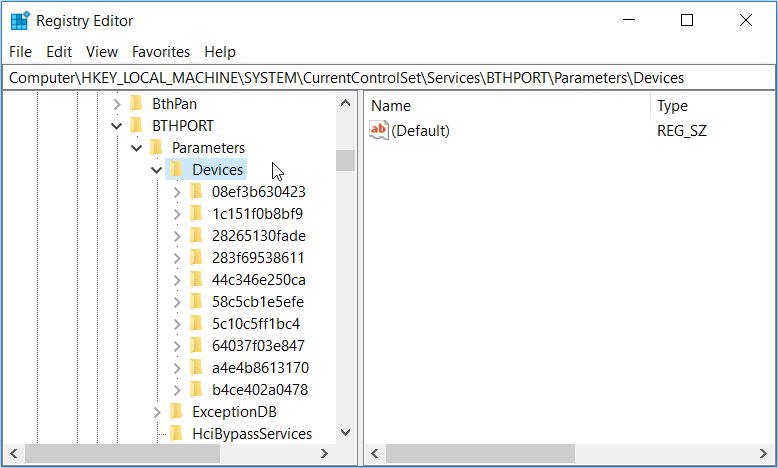 Navigating to the Devices key in the Registry Editor