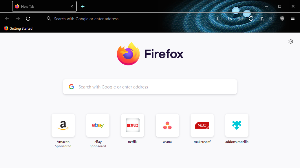A screenshot of Mozilla Firefox with the Neutron Stars theme enabled