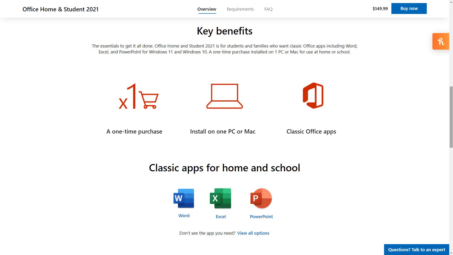 screenshot of Office Home & Student 2021 benefits on the Microsoft website