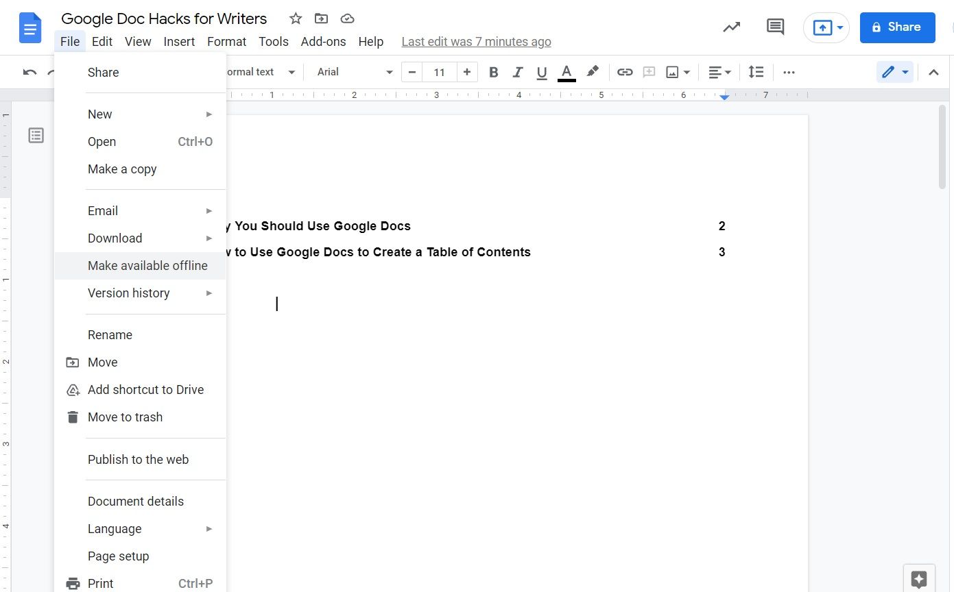 Image shows how to make a document available offline in Google Docs