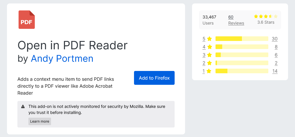 A screenshot of Open in PDF Reader's page in the Firefox store