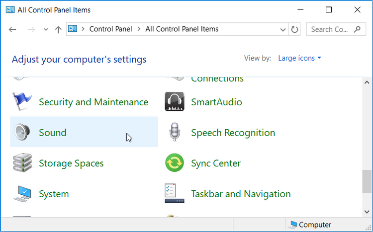 Opening the sound settings using the Control Panel