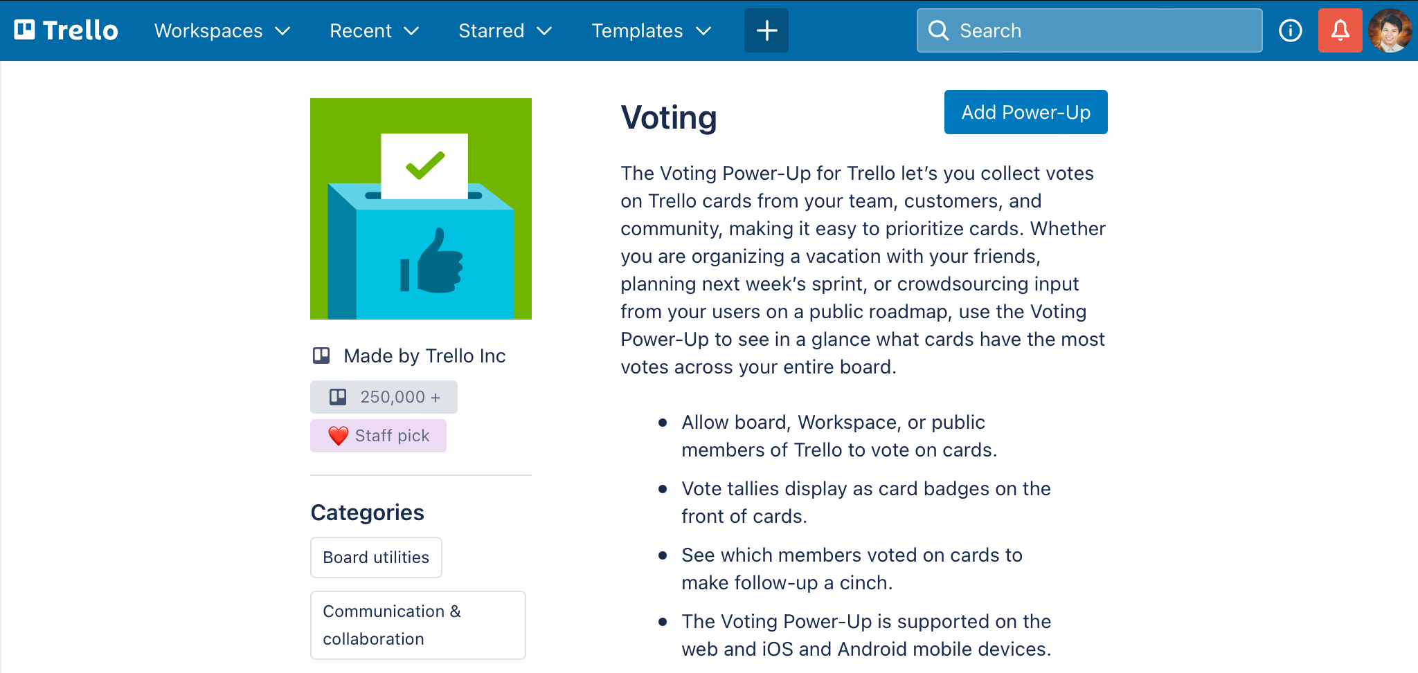Voting Power Up page in Trello