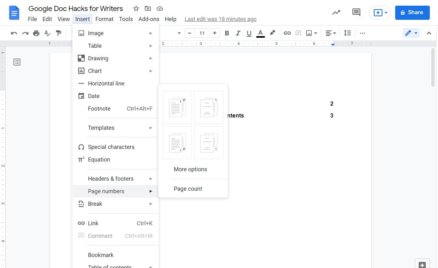 Image shows page numbering tool inside Google Docs