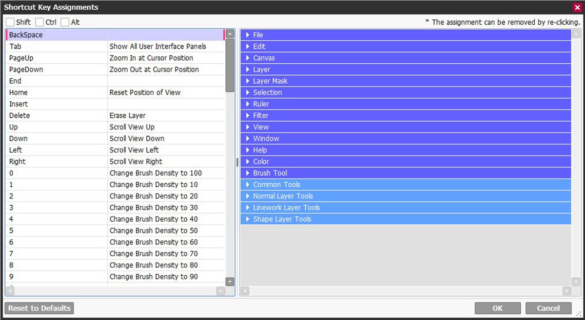 PaintTool SAI Shortcut Key Assignments window