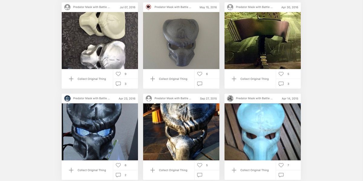 A screenshot of different 3D printed masks of the predator alien