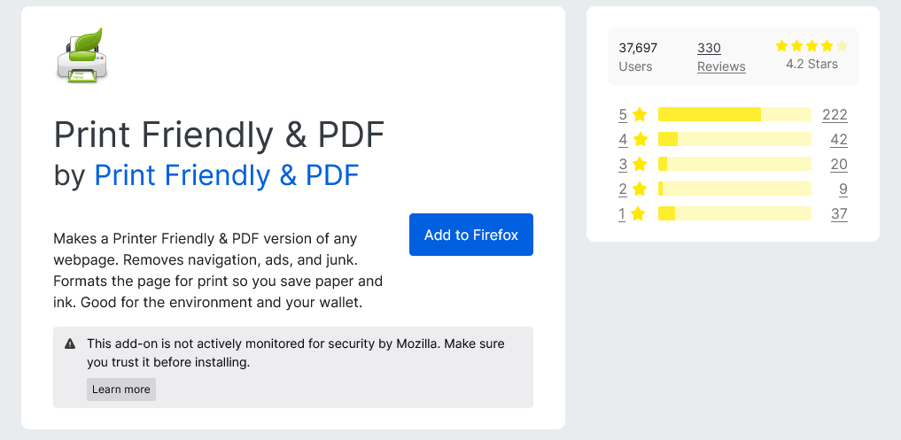 A screenshot of Print Friendly & PDF's page in the Firefox store