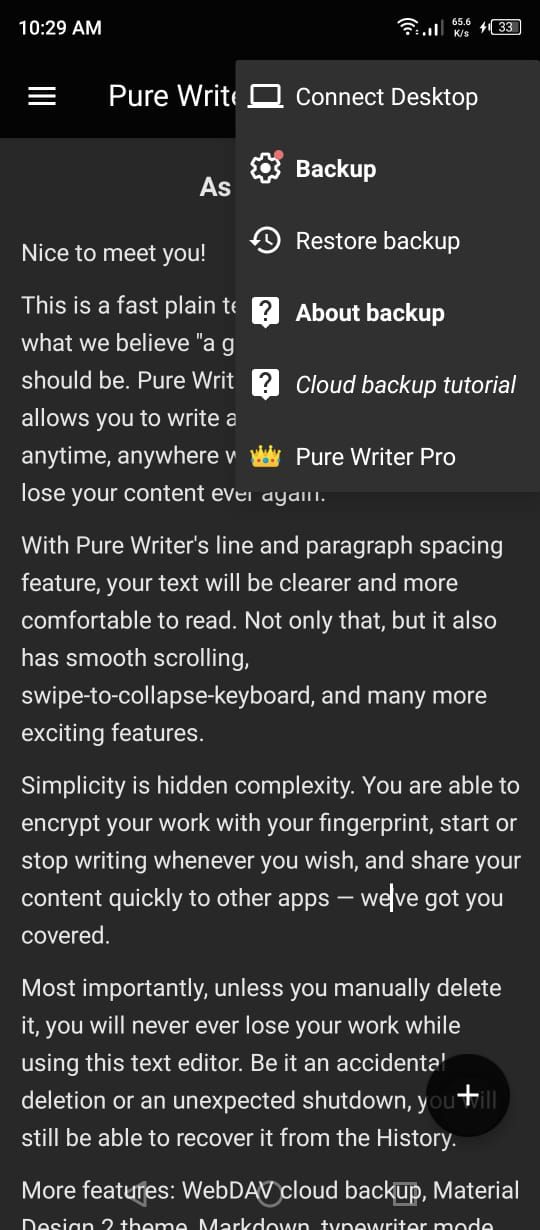 Pure Writer - More Options in the Text Editor Interface