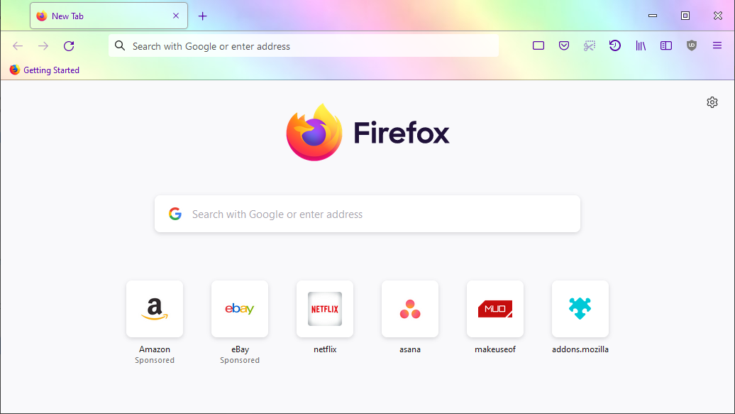 A screenshot of Mozilla Firefox with the Rainbow Pastel theme enabled