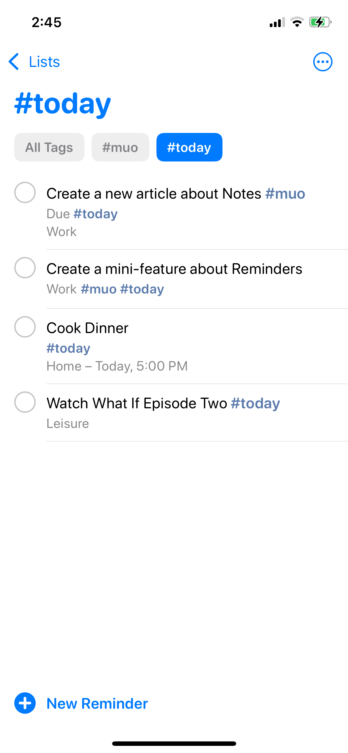 Reminders showing specific reminders with certain tag