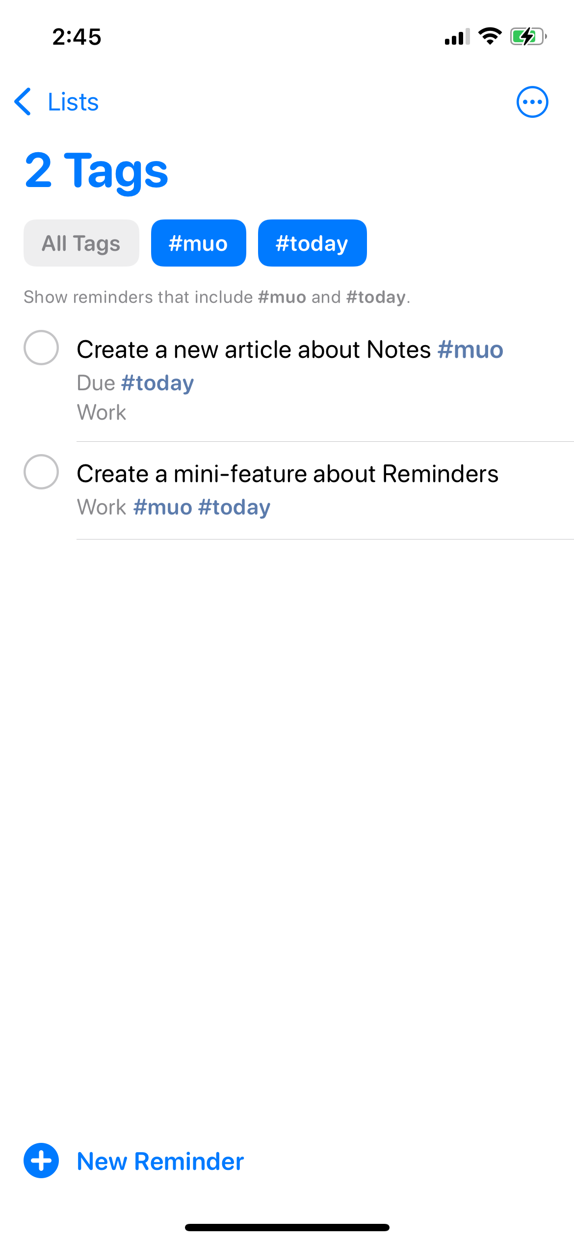 Reminders showing specific reminders with multiple tags