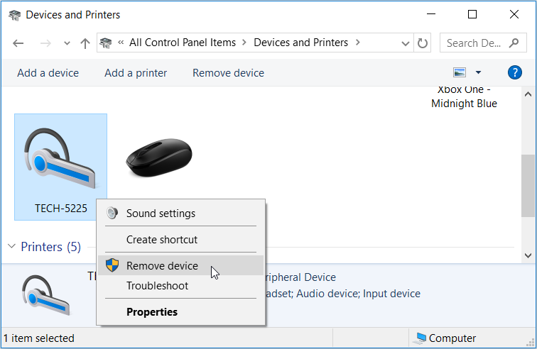 Removing a Bluetooth Device Via the Control Panel