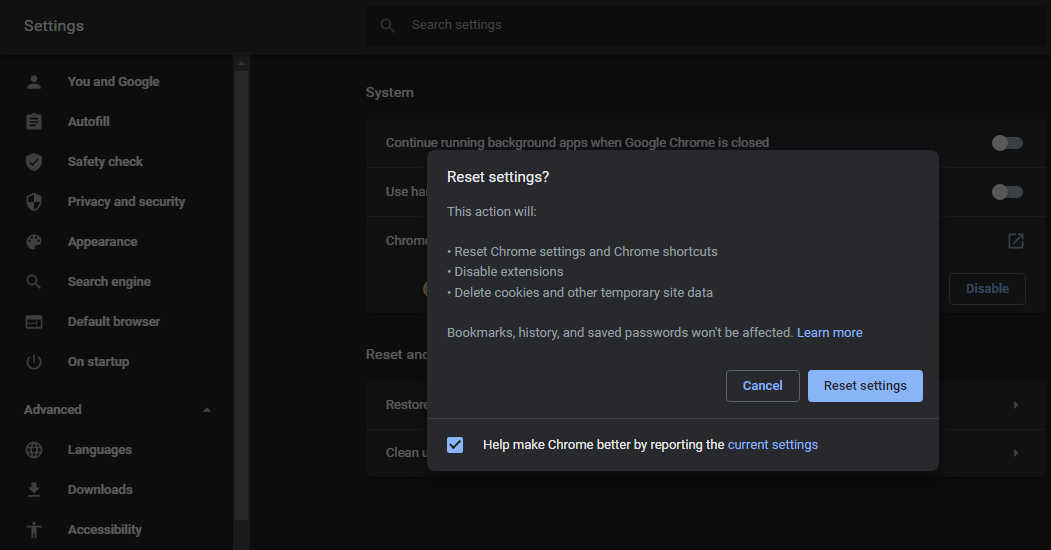 Resetting Chrome Settings