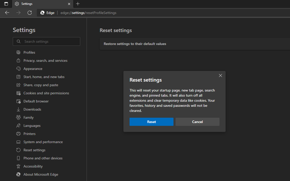 Resetting Microsoft Edge Browser in Settings