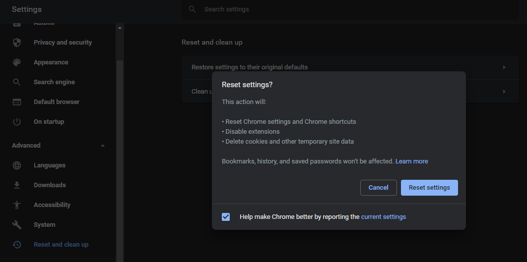 Resetting Settings In Chrome - 10 correzioni per far sì che Chrome utilizzi meno spazio su disco