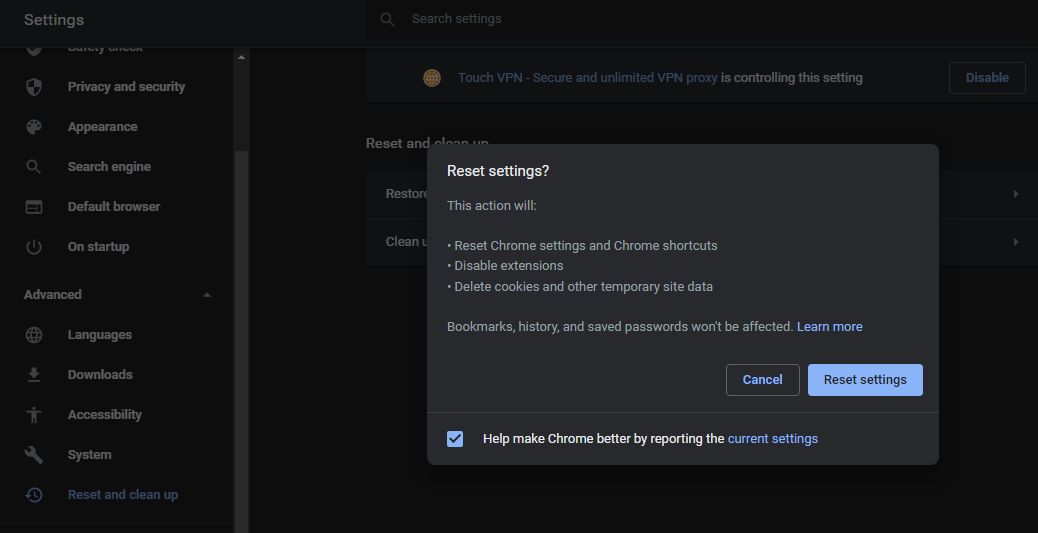 Resetting Settings in Chrome