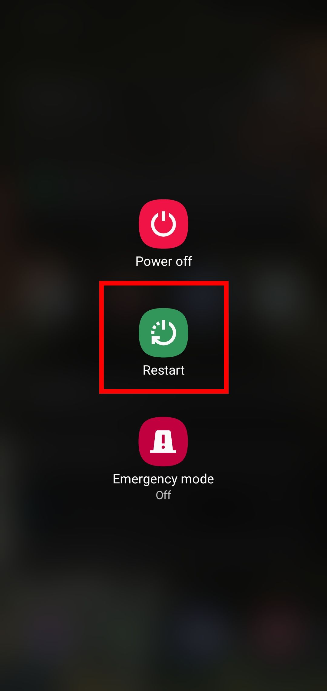 Power options on an Android phone, with Restart highlighted.