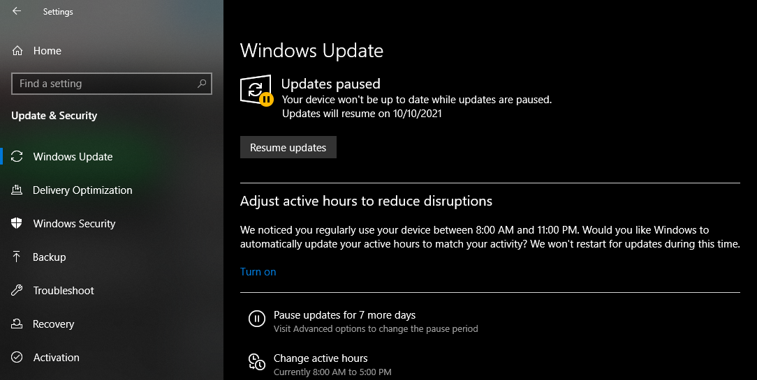 Resuming Paused Updates In Windows 10 Settings - 7 modi per correggere la scomparsa dell’icona del desktop su Windows 10