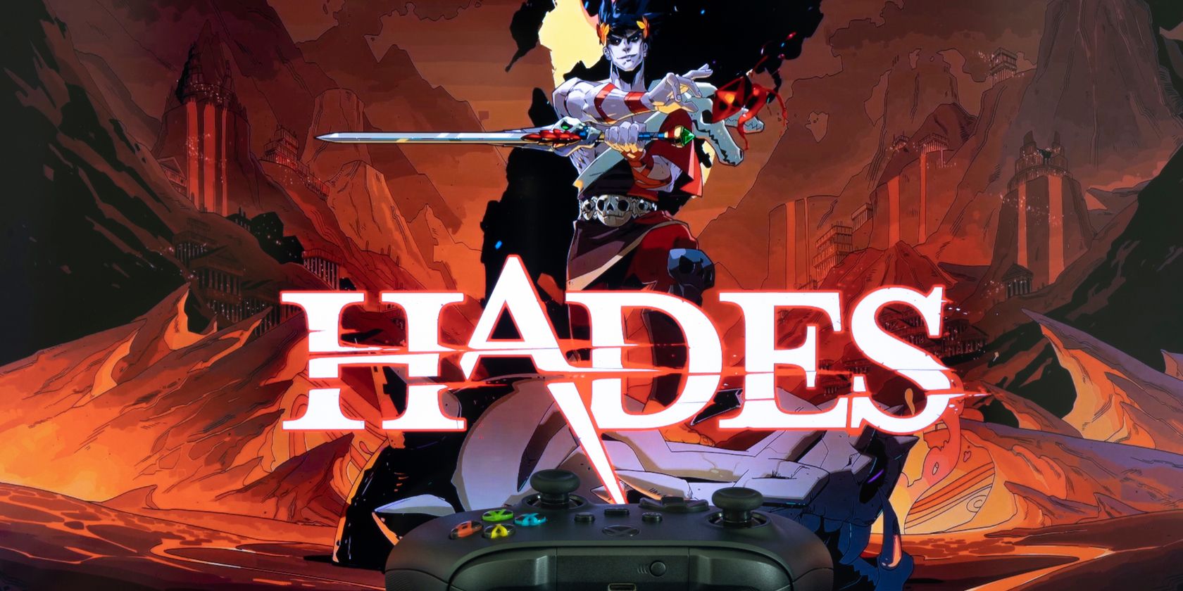 Hades game on TV, with an Xbox controller on the table below it