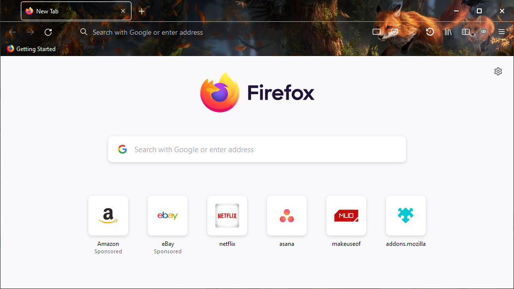 A screenshot of Mozilla Firefox with the Running Foxes theme enabled