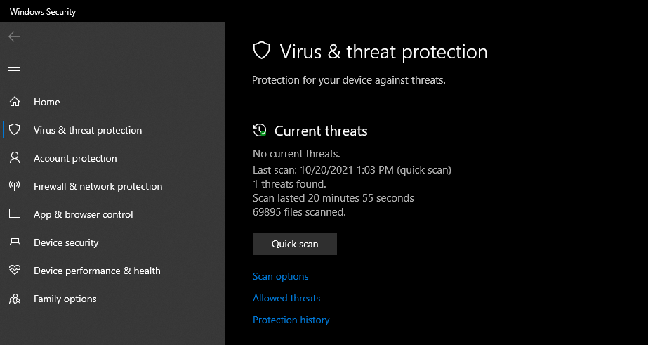 Running Windows Defender Virus Scan in Windows Settings