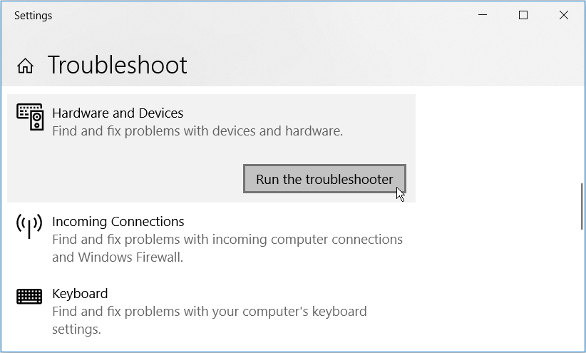 Running the Hardware and Devices Troubleshooter on Windows