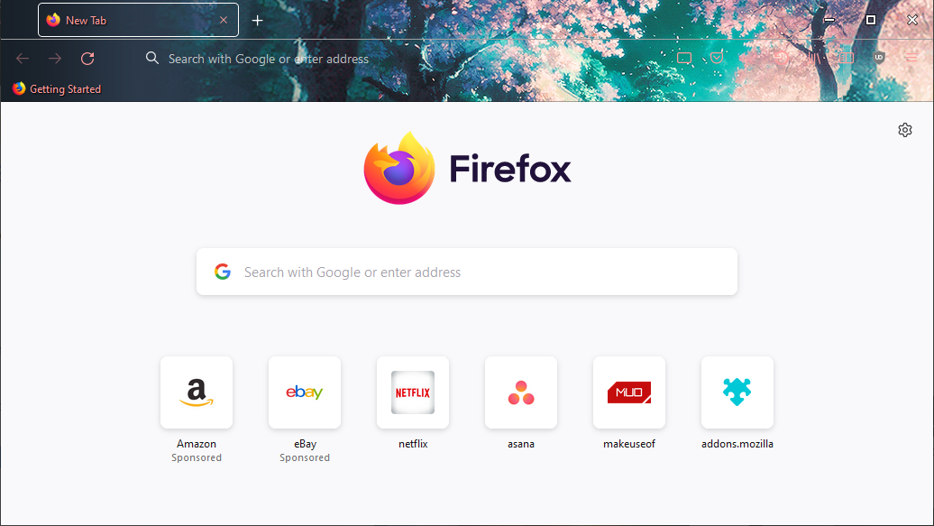 A screenshot of Mozilla Firefox with the Sakura theme enabled