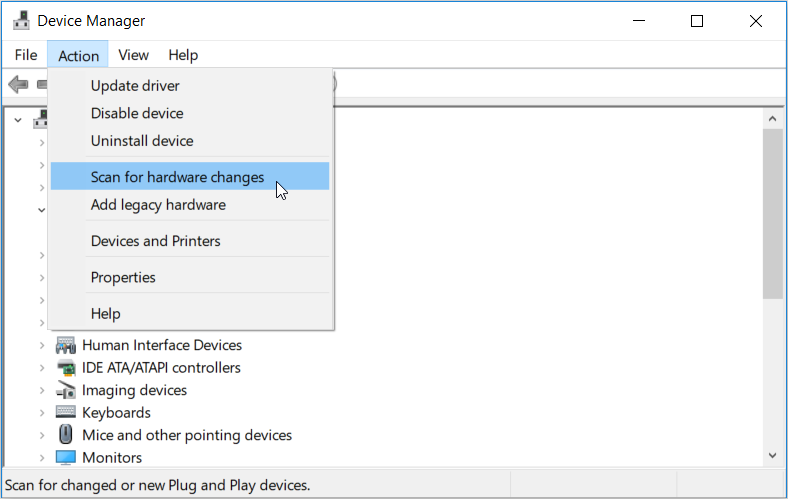 Scanning for hardware changes on a Windows PC