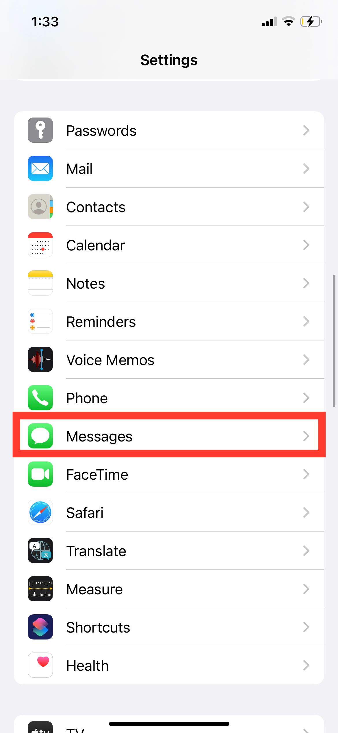 Settings, Messages, on iPhone