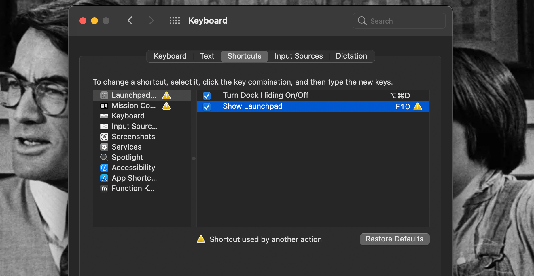 "Shortcut used by another action" warning visible in Keyboard System Preferences on Mac