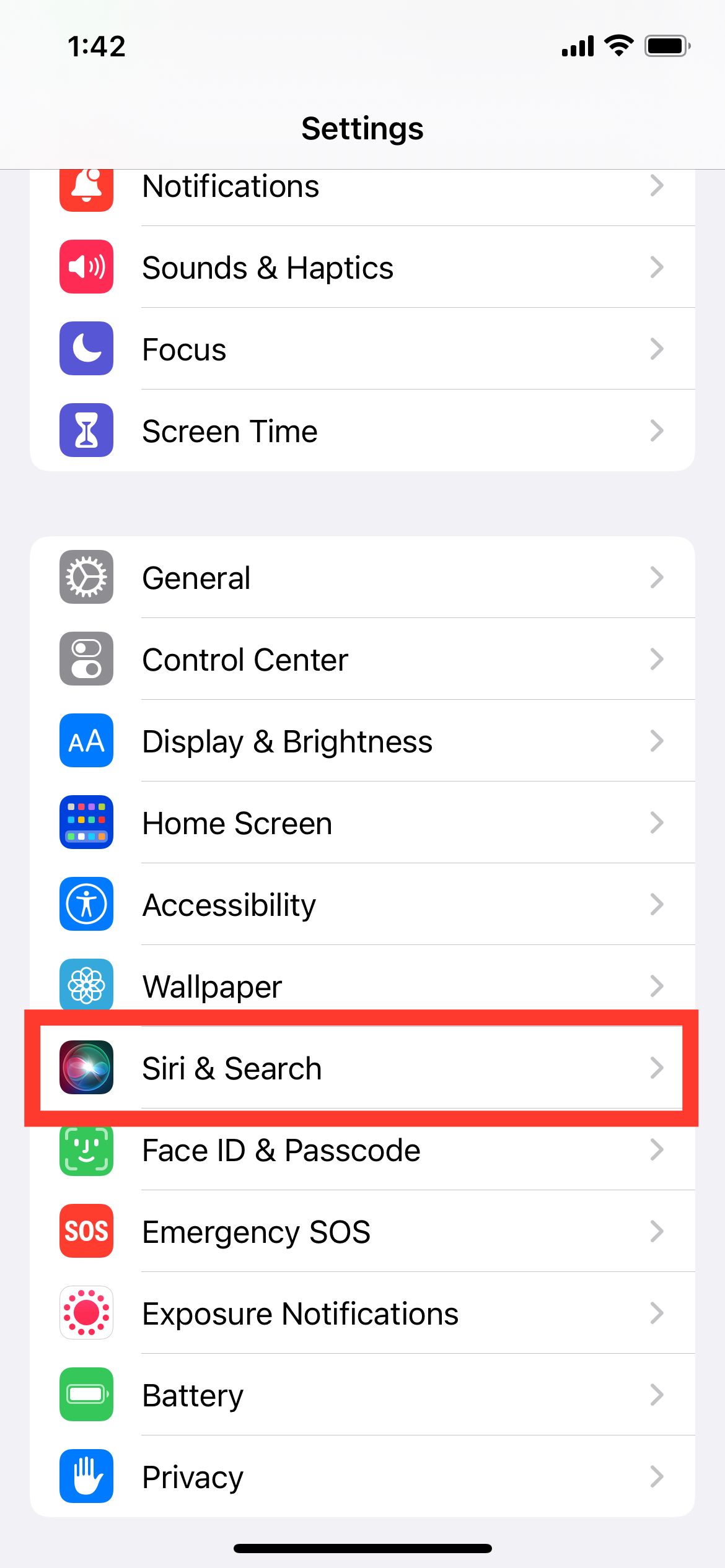 Siri & Search Under Settings