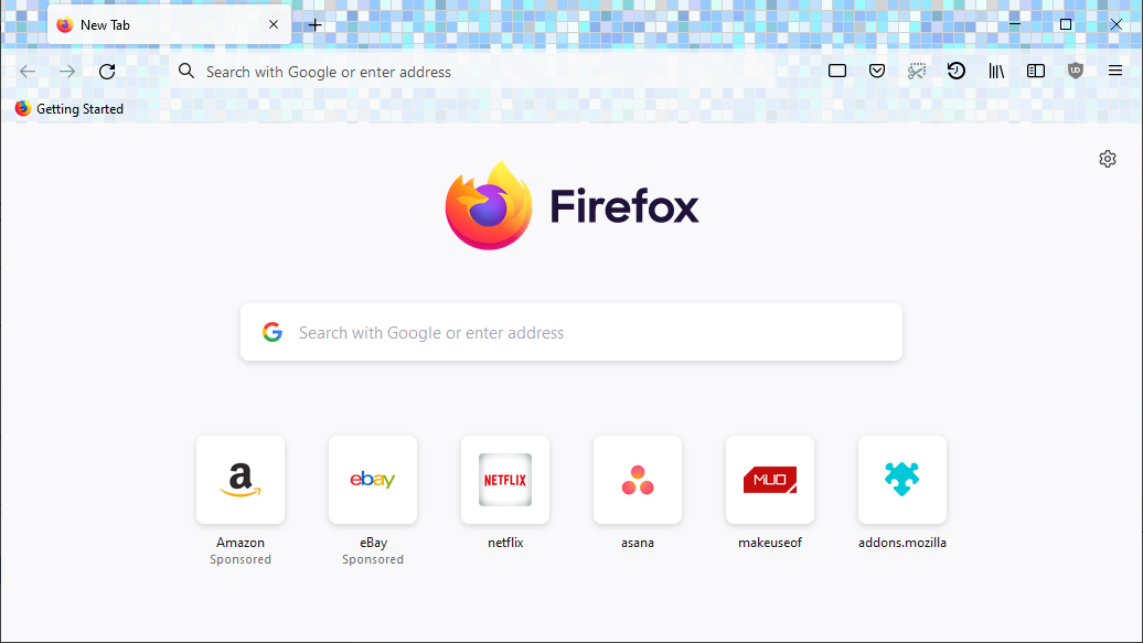 A screenshot of Mozilla Firefox with the Sky of tiles theme enabled