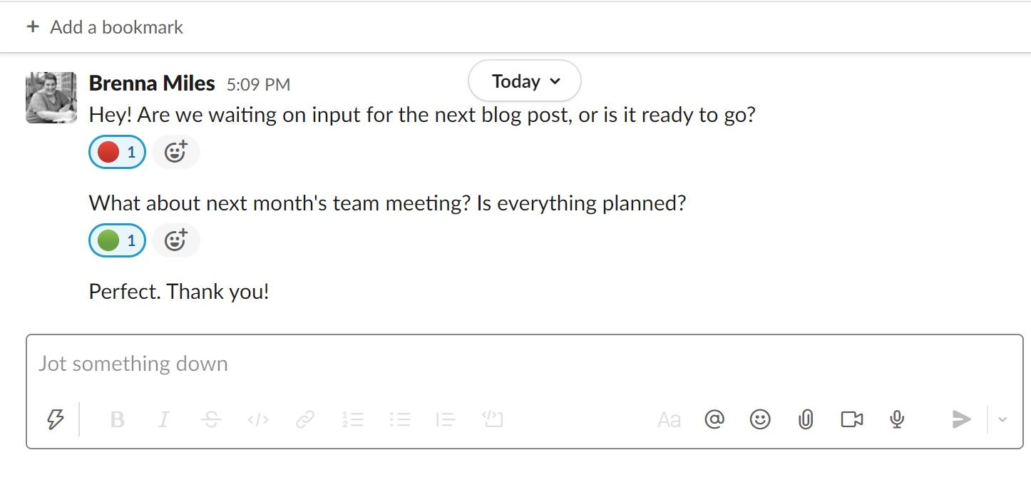 Image shows a project update inside Slack using emoji