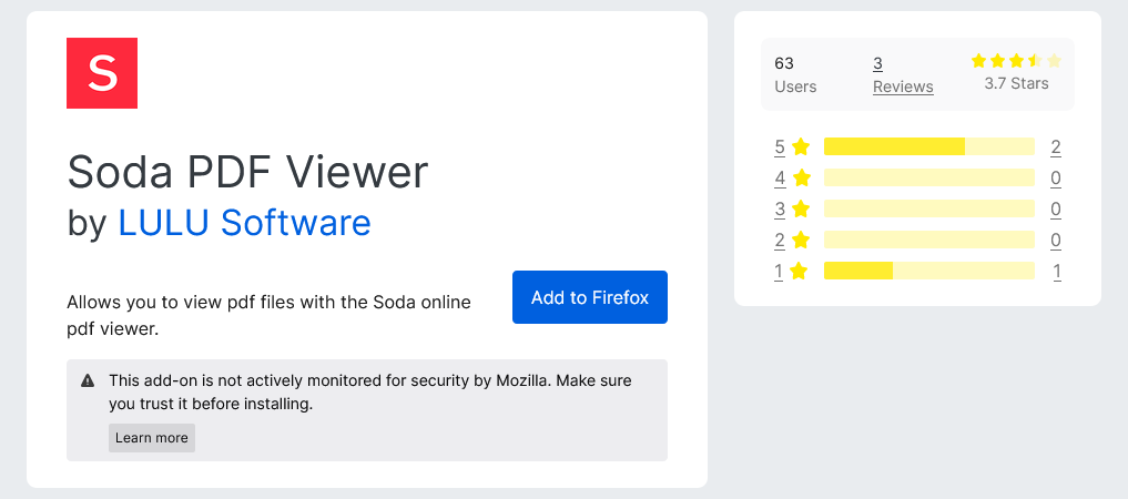 A screenshot of Soda PDF Viewer's page in the Firefox store