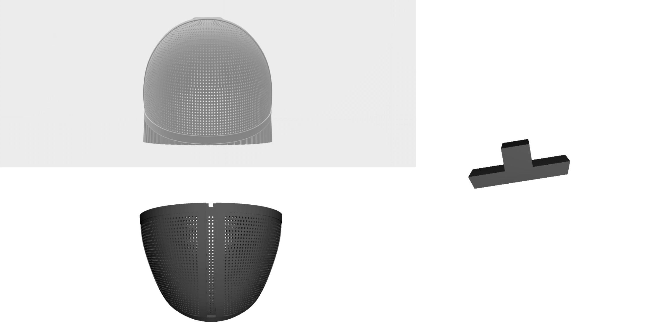 A 3D model of a mesh face mask from Squid Game in two parts, on colored black and the other grey, next to a black T shape part, all models on a white background