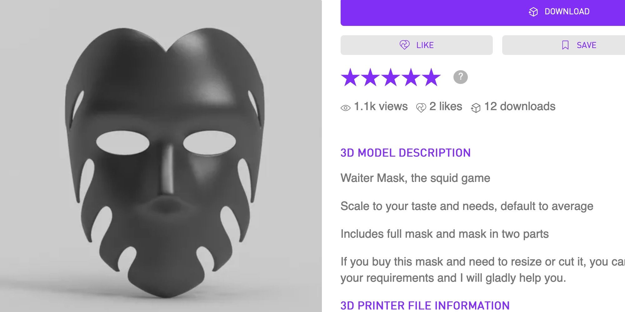 A 3D model of a black mask in the shape of a face with cutouts along the edge, next to information about the designer
