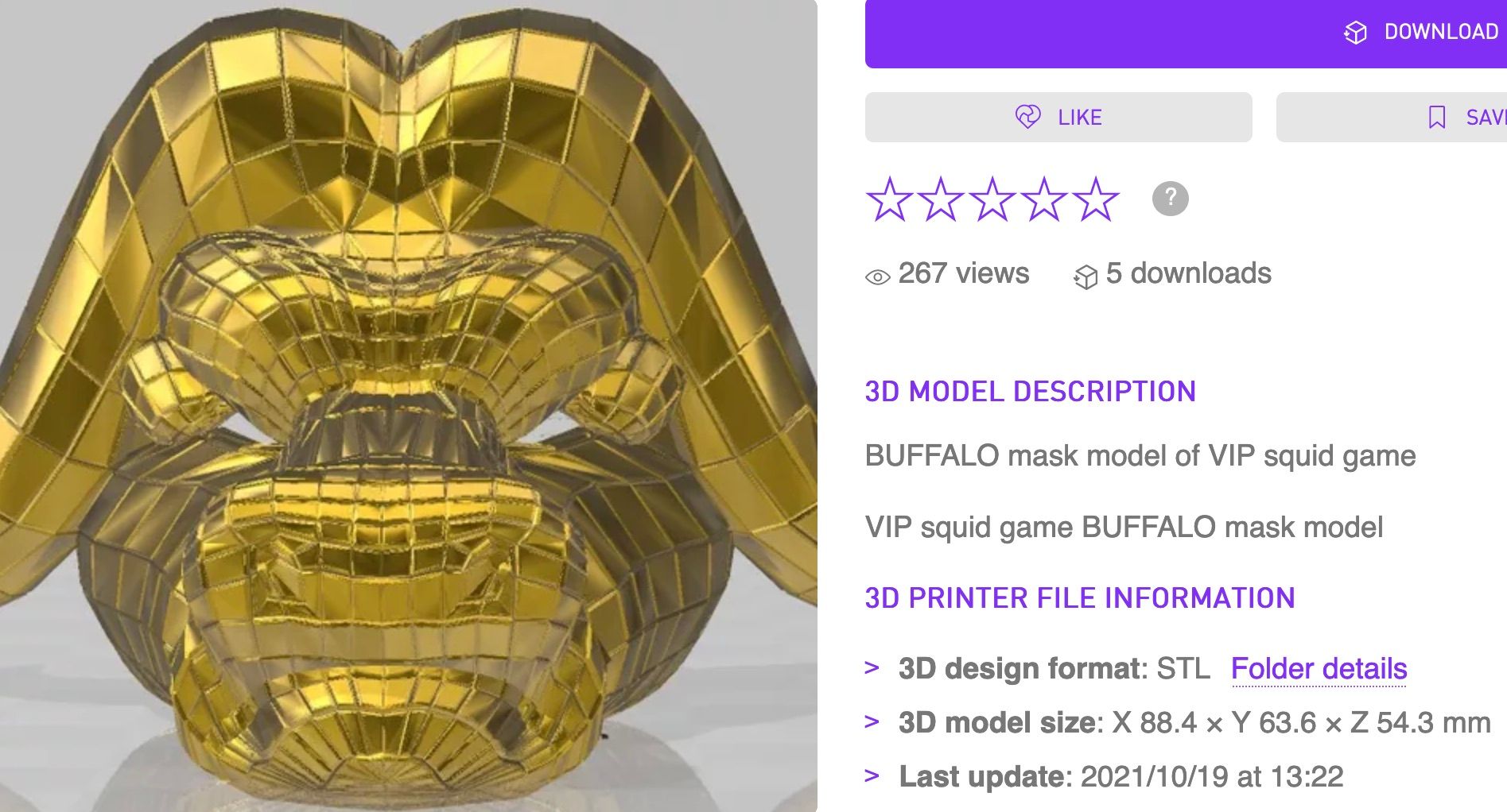 A 3D model of a golden buffalo mask next to information about the designer