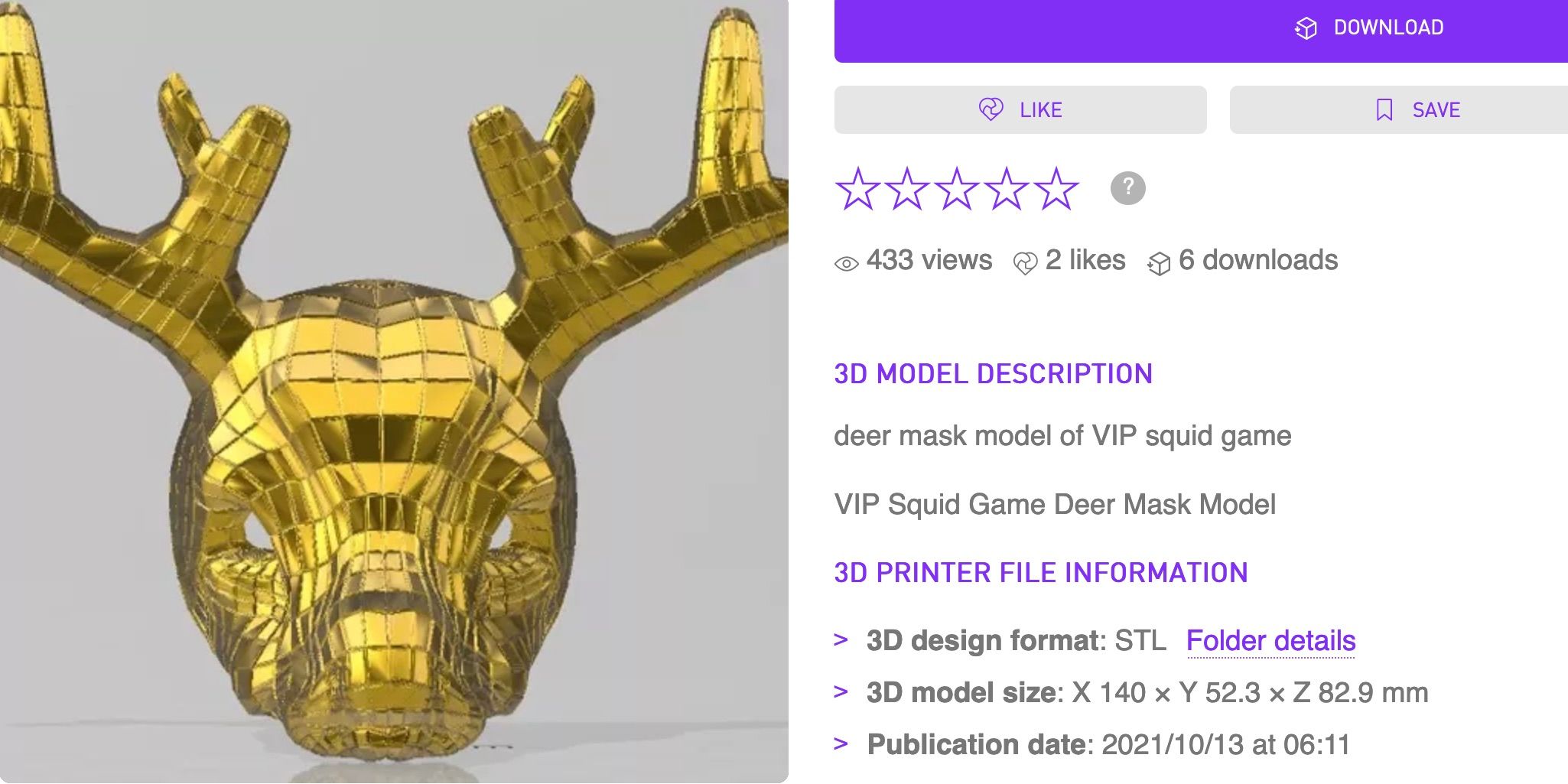 A 3D model of a golden deer mask, next to information about the designer