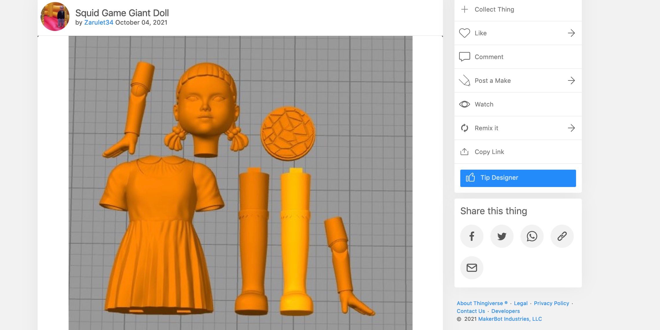 A 3D model of seperate dolls parts in bright orange color, next to information about the designer