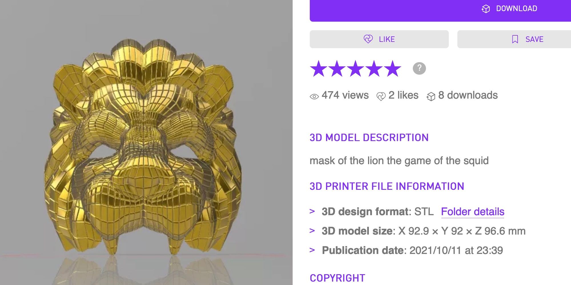 A 3D model of a golden lion mask next to information about the designer